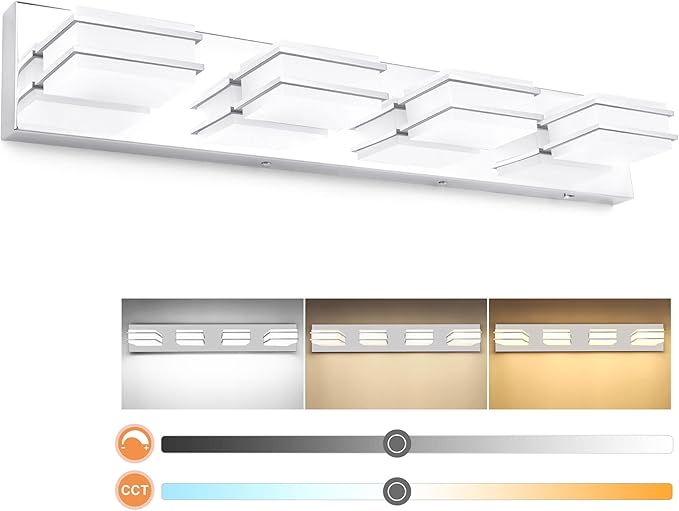 GOODATE 3 Color Temperature Dimmable Vanity Lights for Bathroom, LED Chrome 4 Light Vanity Light Fixtures, Acrylic Stainless Steel Square Shade Bathroom Light Fixtures Over Mirror, ETL Certificated