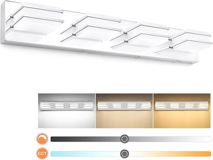 GOODATE 3 Color Temperature Dimmable Vanity Lights for Bathroom, LED Chrome 4 Light Vanity Light Fixtures, Acrylic Stainless Steel Square Shade Bathroom Light Fixtures Over Mirror, ETL Certificated