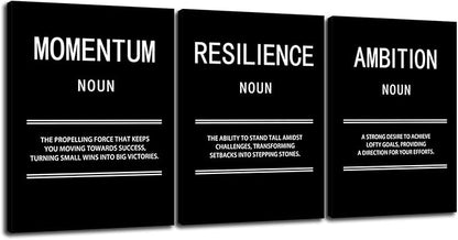 WYJZDZQ8 3 Panel Inspirational Canvas Print Wall Art Ambition Momentum Resilience Motivational Poster Painting Modern Inspiring Artwork for Home Office Living Room Decor Ready to Hang [36''Wx 16''H]