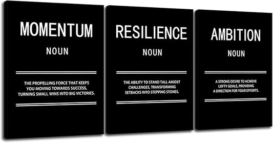 WYJZDZQ8 3 Panel Inspirational Canvas Print Wall Art Ambition Momentum Resilience Motivational Poster Painting Modern Inspiring Artwork for Home Office Living Room Decor Ready to Hang [36''Wx 16''H]