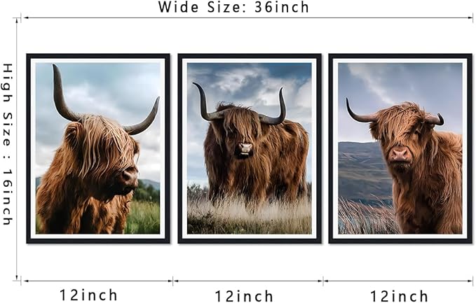 Highland Cow 3 Plane Framed Canvas Wall Art Rustic Cow Decor for Country House Apartment Living Room Vintage Farmhouse Animal Portrait Print Artwork Wall Decor Easy to Hand 12x16inchx3pcs