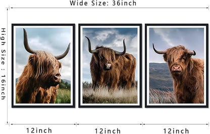 Highland Cow 3 Plane Framed Canvas Wall Art Rustic Cow Decor for Country House Apartment Living Room Vintage Farmhouse Animal Portrait Print Artwork Wall Decor Easy to Hand 12x16inchx3pcs