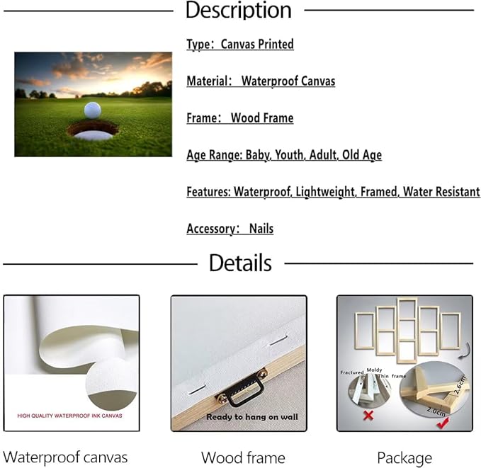 chenchenArt Golf Wall Art for Living Room Bedroom Home Decorations Golf Ball Picture Poster Canvas Prints Modern Artwork Framed Ready to Hang(18''H x 24''W)