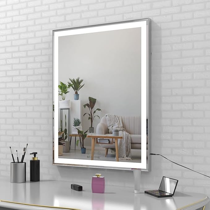 ANYHI Vanity Mirror with Lights, 22.4" x 28.1" Tabletop Vanity Mirror with Lights and Stand, 3 Color Modes, 10X Magnification, Smart Touch Control, Wall Mounted/Desk Mirror for Bedroom Makeup, Silver
