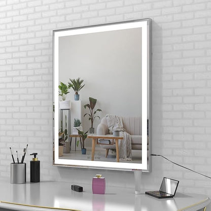 ANYHI Vanity Mirror with Lights, 22.4" x 28.1" Tabletop Vanity Mirror with Lights and Stand, 3 Color Modes, 10X Magnification, Smart Touch Control, Wall Mounted/Desk Mirror for Bedroom Makeup, Silver
