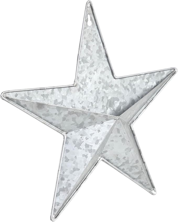 VHC Brands Patriotic Faceted Metal Star Galvanized Wall Hanging w/Pocket 12x12, Independence Day Decor, American Star with display pocket, Distressed Appearance Wall Hanging, Grey
