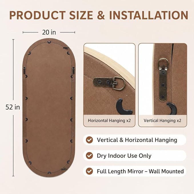 20" x 52" Oval Full Length Wall Mounted Mirror, Handwoven Natural Bamboo Frame (Warm Tone), Boho Coastal Mirror for Entryway, Bedroom, Dressing Room, Vertical & Horizontal Hanging