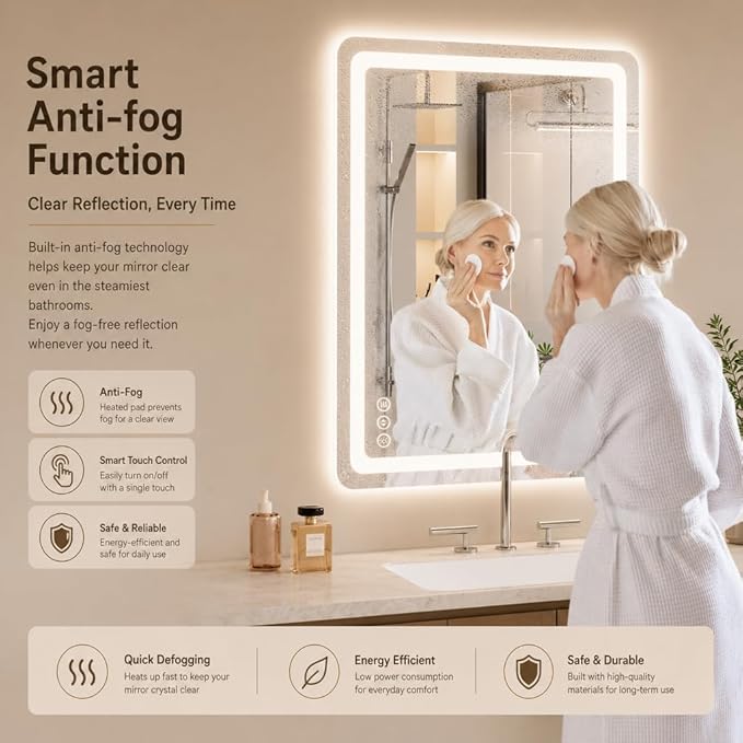 30" x 36" Led Bathroom Mirror with Lights, Anti-Fog & Tri-Color Lighting - Wall Mounted Shaving Mirror with Touch Sensor, Waterproof & Smart LED Vanity Mirror,Tempered Glass, Dimmable Smart Mirror