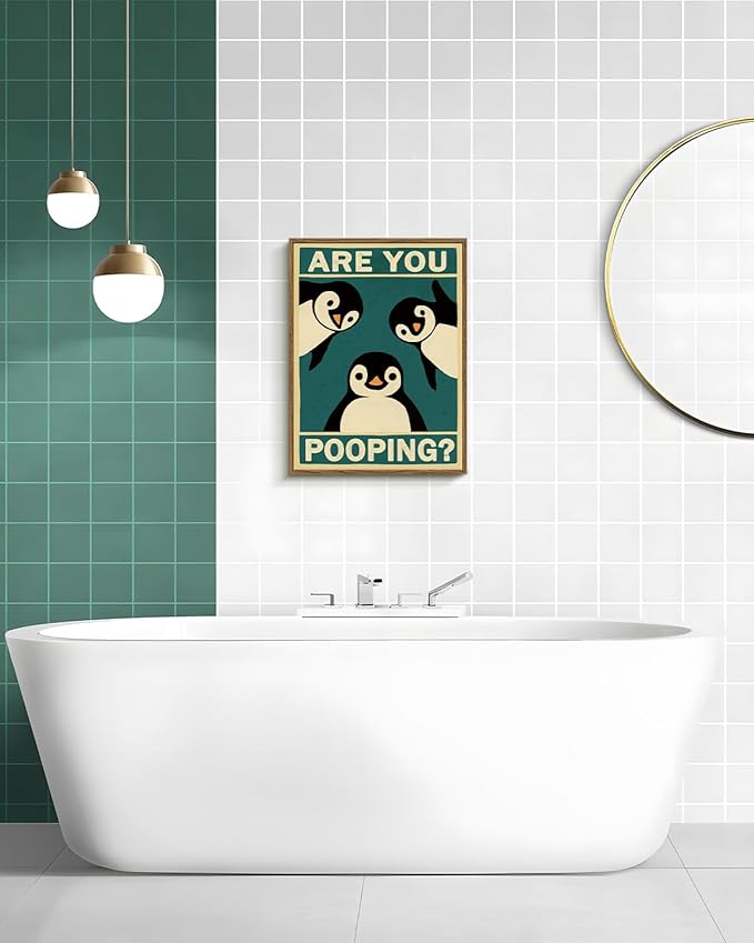 VIYYIEA Framed Canvas Wall Art Home Decor Penguin Probe Canvas Prints, Vintage Home Decoration, Animals Painting Picture, Bathroom Wall Decor Gifts for Friends or Family - 16L x 12W