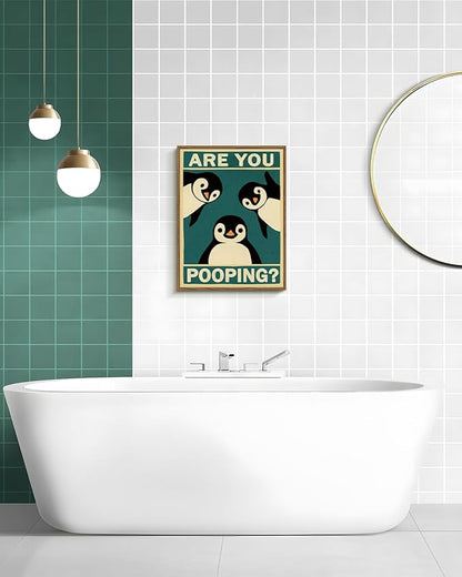VIYYIEA Framed Canvas Wall Art Home Decor Penguin Probe Canvas Prints, Vintage Home Decoration, Animals Painting Picture, Bathroom Wall Decor Gifts for Friends or Family - 16L x 12W