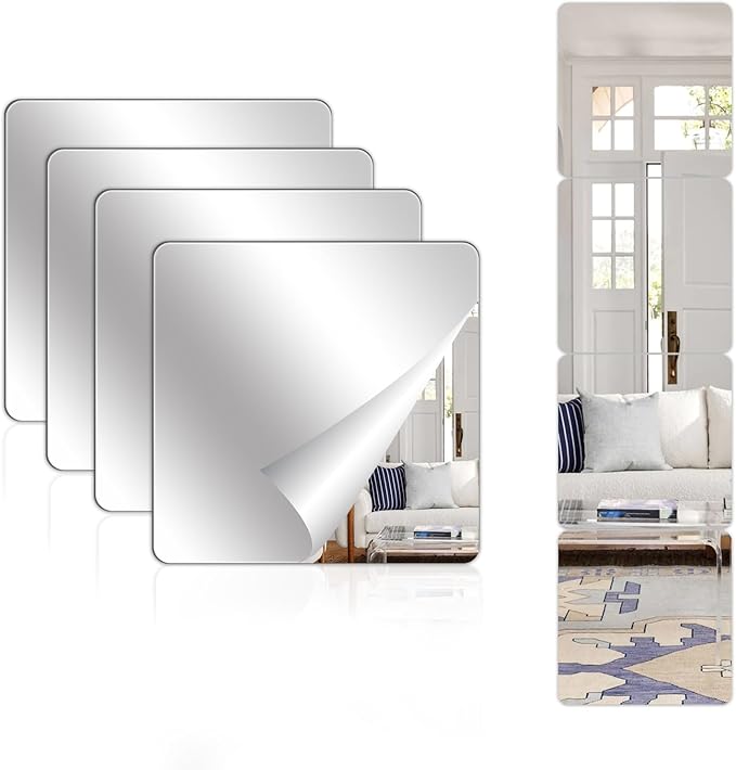 Abyssaly Mirror Stickers for Walls 4 Pack 11.8''x11.8'' Self Adhesive Stick on Mirrors Tiles Small Peel and Stick 2mm Unbreakable Wall Mirrors Decorative Sheets for Kitchen