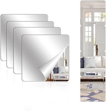 Abyssaly Mirror Stickers for Walls 4 Pack 11.8''x11.8'' Self Adhesive Stick on Mirrors Tiles Small Peel and Stick 2mm Unbreakable Wall Mirrors Decorative Sheets for Kitchen