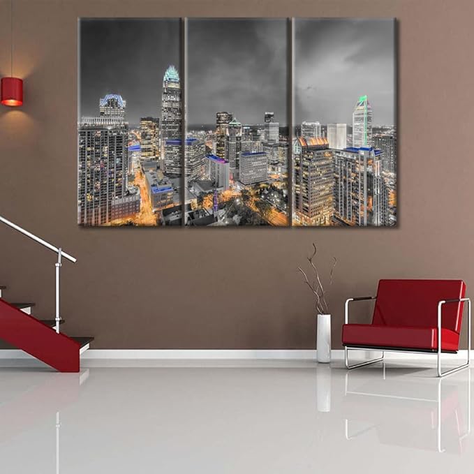 TUMOVO Charlotte North Carolina Skyline Black and White Wall Art 3 Pieces Nighttime Lightscape Bedroom Living Room City Skyline Wall Decor for Living Room Framed Ready to Hang (60" Wx40 H)