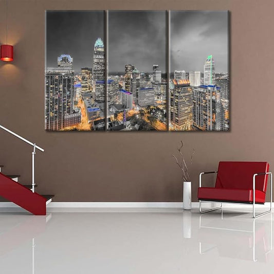 TUMOVO Charlotte North Carolina Skyline Black and White Wall Art 3 Pieces Nighttime Lightscape Bedroom Living Room City Skyline Wall Decor for Living Room Framed Ready to Hang (60" Wx40 H)