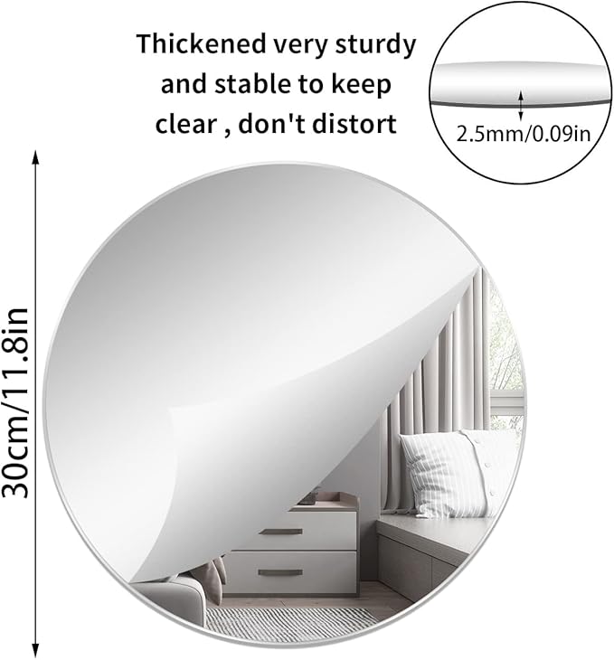 12'' Round Wall Mirror Tiles High Clear Reflecticon Self Adhesive Acrylic Mirror Sheets Circle Stickers for Bathroom, Bedroom, Door, Home Decor