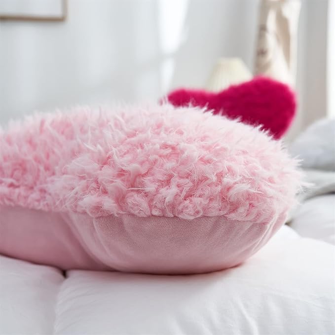 MOOWOO Pink Girl Heart Throw Pillow with Pillow Cover and Insert,Love Pillow，Valentines Day Decor, Shaggy Faux Fur Fluffy Pillow, Gift for Mothers,Girls (Pink,Heart Shape-15.7X15.7Inches)