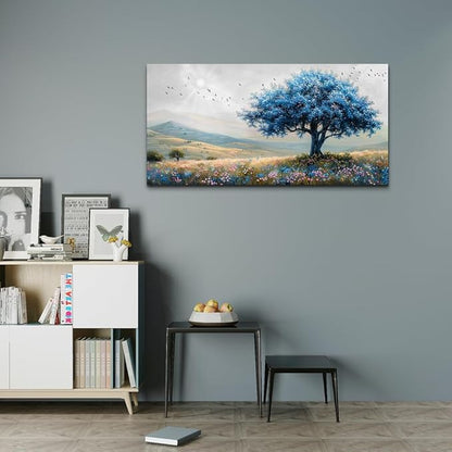 KELIYUAN Large Farmhouse Wall Art For Living Room Canvas Wall Decor For Office Bedroom Hotel room Field Scenery Wall Painting Blue Trees Picture Modern Home Decoration Artwork Ready To Hang 24x48In
