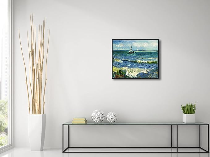 Wieco Art Black Framed Art Seascape at Saintes Maries by Vincent Van Gogh Oil Paintings Reproduction Modern Canvas Prints Sea Pictures on Canvas Wall Art for Living Room Home Deco