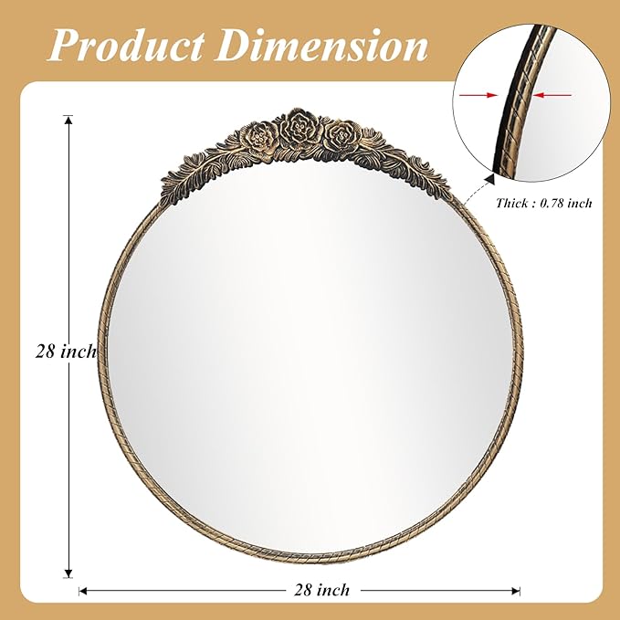Growsun Round Wall Mirror with Vintage Black Floral Frame – 28 Inch Decorative Wall Mirror for Living Room, Bedroom, Entryway, Bathroom Vanity – Elegant Antique Accent Home Décor