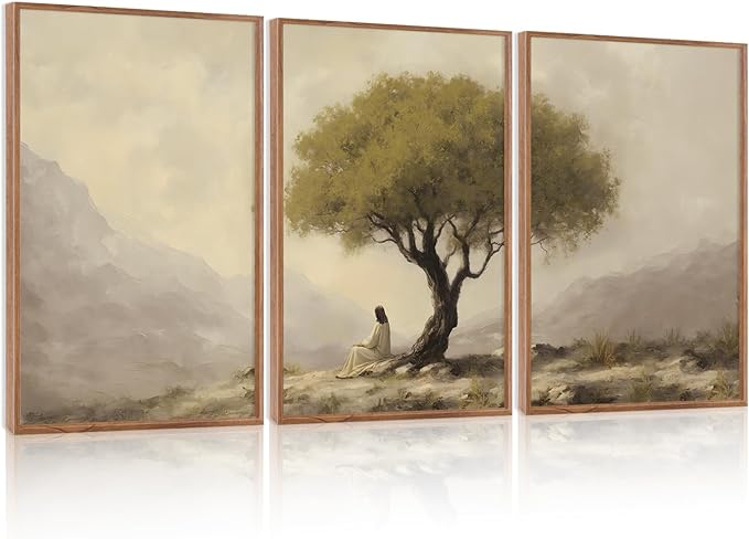 HLNIUC Jesus Sitting Under Olive Tree Canvas Wall Art,Religious Christian Wall Decor(24x36x3),Easter God Bible Story Framed Artwork,Vintage Garden of Gethsemane Prints for Church,Living Room,Bedroom