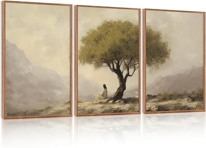 HLNIUC Jesus Sitting Under Olive Tree Canvas Wall Art,Religious Christian Wall Decor(24x36x3),Easter God Bible Story Framed Artwork,Vintage Garden of Gethsemane Prints for Church,Living Room,Bedroom