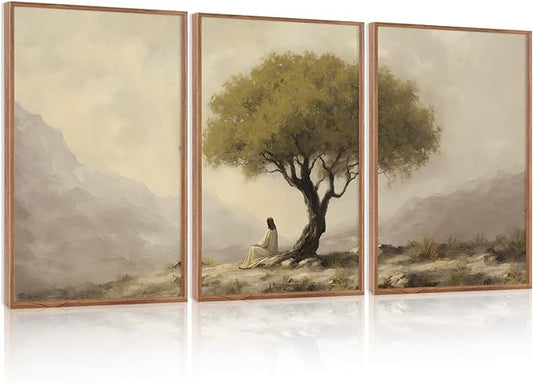HLNIUC Jesus Sitting Under Olive Tree Canvas Wall Art,Religious Christian Wall Decor(24x36x3),Easter God Bible Story Framed Artwork,Vintage Garden of Gethsemane Prints for Church,Living Room,Bedroom