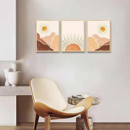 Natural Wood Framed Boho Wall Art for Bedroom, Living Room, Minimalist Office Decor - Abstract Mountain Sunshine Decorations Paintings Pictures for Girl Room Home Decor - 3 Piece