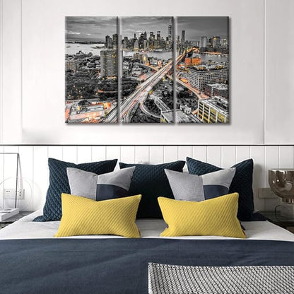 3 Panel Brooke Bridge, Manhattan, New York Cityscape Wall Decor Skyscrapers City Skyline Wall Decor for Bedroom Giclee Wooden Framed Gallery-Wrapped Ready to Hang (36" Wx24 H)