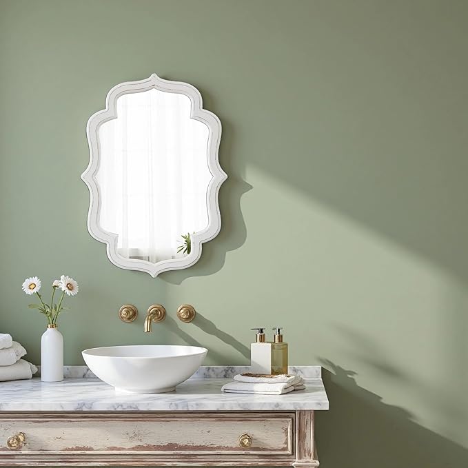 Vintage Oval Wall Mirror 22 X 30 Inch, Hanging Distressed White Scalloped Rustic Wood Wall Mirrors for Bathroom Bedroom Living Room, Farmhouse Entryway Mirror, Horizontal or Vertical