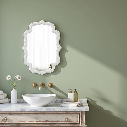 Vintage Oval Wall Mirror 22 X 30 Inch, Hanging Distressed White Scalloped Rustic Wood Wall Mirrors for Bathroom Bedroom Living Room, Farmhouse Entryway Mirror, Horizontal or Vertical