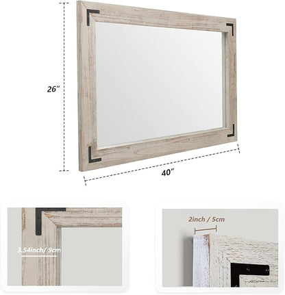 YOSHOOT Rustic Wooden Framed Wall Mirror, Natural Wood Bathroom Vanity Mirror for Farmhouse Decor, Vertical or Horizontal Hanging (40" x 26", White Grey)