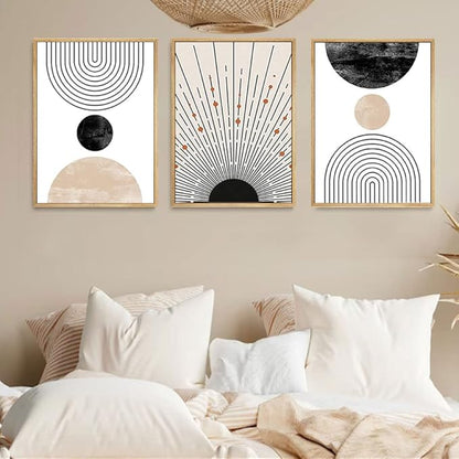LOARTVE 3Pcs Beige Boho Wall Art Mid Century Modern Wall Decor Pictures Neutral Abstract Geometric Line Minimalist Canvas Posters Prints for Living Room Bedroom Office Home Decoration Unframed