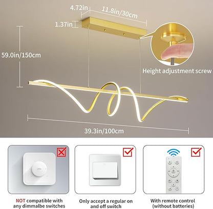 Modern LED Gold Pendant Light, 39IN Ceiling Chandelier Fixtures Dimmable with Remote Control 3000k-6500K Adjustable Color Temperature, Aluminum Island Lighting Lamp for Dining Room, Living Room