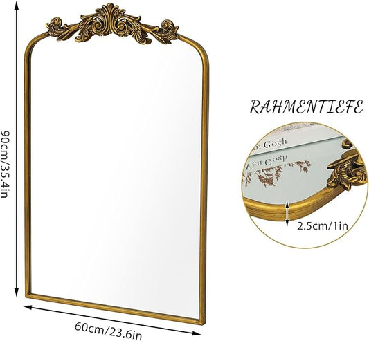 Gold Baroque Mirror Antique 24x35Inches - Vintage Arched Mirror with Ornate Gold Frame for Entryway, Narrow Hallway & Bathroom Wall Decor