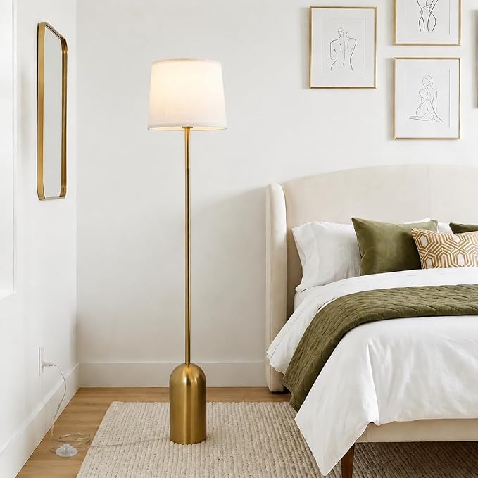 Gold Floor Lamps for Living Room, Dimmable Standing Lamp with Remote and Bulb, Modern Brass Tall Lamp with Heavy Metal Base, 3 Color Temperatures, Vintage Stand Up Light for Bedroom Reading Corner
