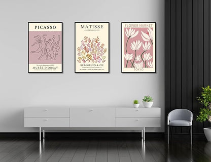 MINI ZOZI Matisse Wall Art Flower Market Prints 12x16 3PCS Picasso Wall Decor Large Canvas Pink Posters Trendy Funky Aesthetic Abstract Line Minimalist Poster Danish Pastel Painting Bedroom Printing