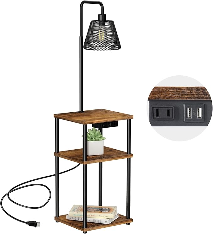 Floor Lamp with Table and Shelves, Side Table with USB Charging Port and Outlet, Modern Bedside Nightstand End Table with Lamp for Living Room, Bedroom, Guest Room, Bulb Included