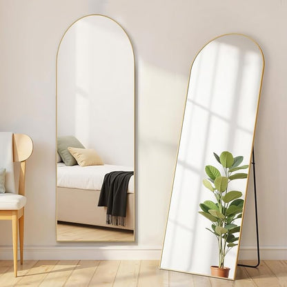 Arched Mirror Full Length, Upgraded 16"x59" Body Wall Mirrors with Shatter-Proof Glass, Floor Standing, Hanging or Leaning, Tall Arch Mirror with Stand Aluminum Alloy Frame for Bedroom, Gold