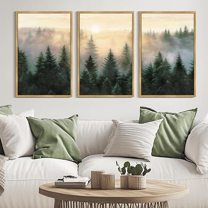 Drsoum Green Fog Pine Tree Landscape Wall Art Framed Nature Misty Nordic Forests Prints Morden Farmhouse Rustic Artwork Hallway Bedroom Ready to Hang 24x36in Natural Framed
