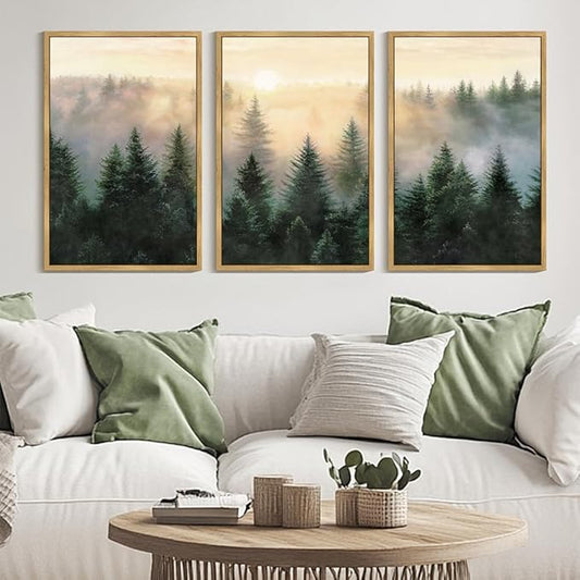 Drsoum Green Fog Pine Tree Landscape Wall Art Framed Nature Misty Nordic Forests Prints Morden Farmhouse Rustic Artwork Hallway Bedroom Ready to Hang 24x36in Natural Framed