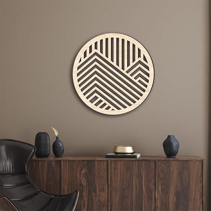 Geometric Wood Wall Art Decor, Modern Vintage Mountain Wall Sculptures Hanging Abstract Panels Decor, 3D Round Hollow Wooden Craft Art Boho Wall Decoration, for Home Office Living Room Bedroom (Beige)