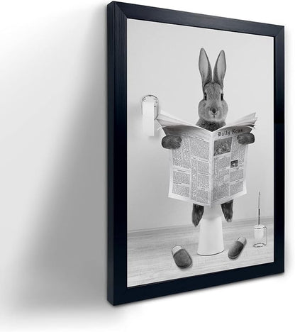 YongArt Black Framed Poster, Cute Rabbit Wall Art, Farmhouse Style Animals Bathroom Decor, Black and White Canvas Ready to Hang for Kids