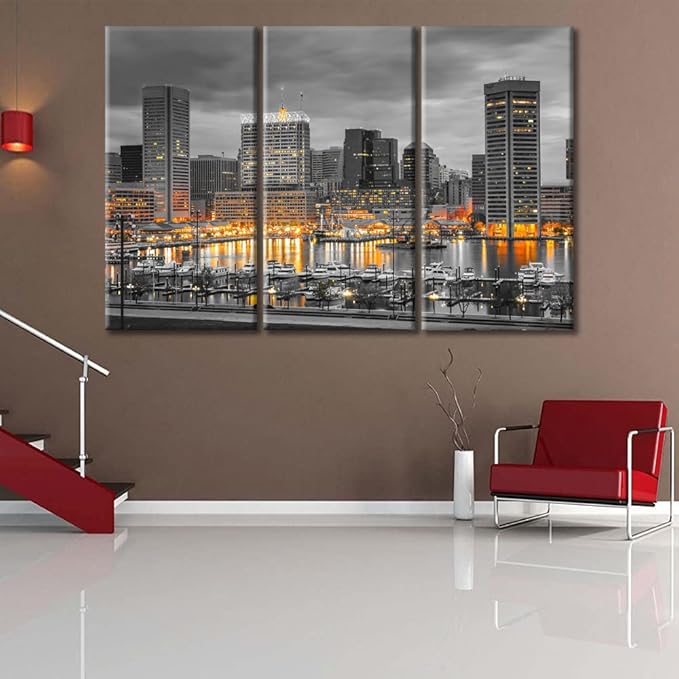 TUMOVO Baltimore City Skyline Canvas Wall Art 3 Panel American Cityscape Pictures Black and White Wall Art Beautiful Cityscape Modern Artwork Wall Decor Framed Ready to Hang (60" Wx40 H)