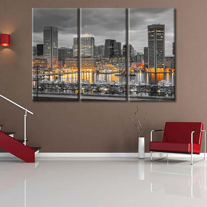 TUMOVO Baltimore City Skyline Canvas Wall Art 3 Panel American Cityscape Pictures Black and White Wall Art Beautiful Cityscape Modern Artwork Wall Decor Framed Ready to Hang (60" Wx40 H)