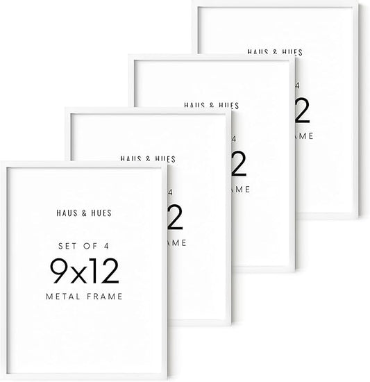 HAUS AND HUES 9x12 White Aluminum Frame Set of 4 - Premium Build, Vertical & Horizontal Hanging, Shatterproof Plexiglass (9x12 in, White)