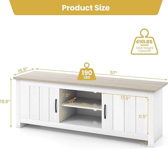 Tangkula 2 Doors TV Stand for TVs up to 65”, 57” Media Console Table w/ 2 Cabinets & Open Shelves, 2 Cable Management Holes. Wood Entertainment Center Cabinet for Living Room (White Oak)