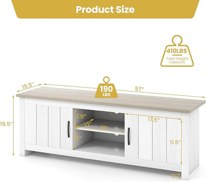 Tangkula 2 Doors TV Stand for TVs up to 65”, 57” Media Console Table w/ 2 Cabinets & Open Shelves, 2 Cable Management Holes. Wood Entertainment Center Cabinet for Living Room (White Oak)