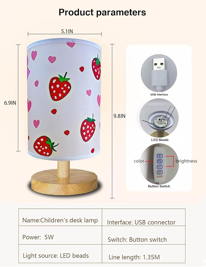 Strawberry Lamp, Strawberry Room Decor for Girls,3 Color Changing LED Night Light with 9 Brightness Levels Wood Nightstand Desk Base Flaxen Fabric Shade for Bedroom Living Room (Pink strawberry)