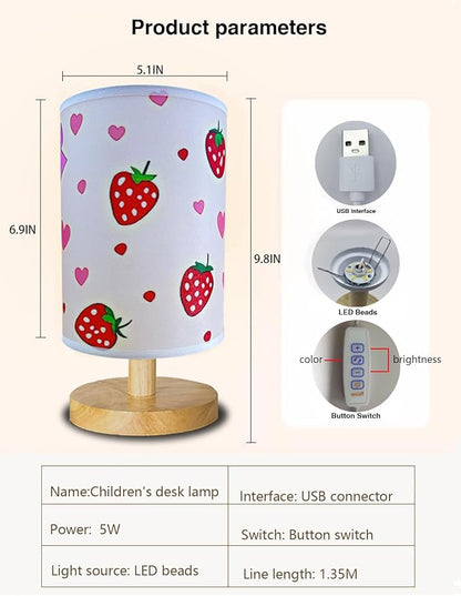 Strawberry Lamp, Strawberry Room Decor for Girls,3 Color Changing LED Night Light with 9 Brightness Levels Wood Nightstand Desk Base Flaxen Fabric Shade for Bedroom Living Room (Pink strawberry)