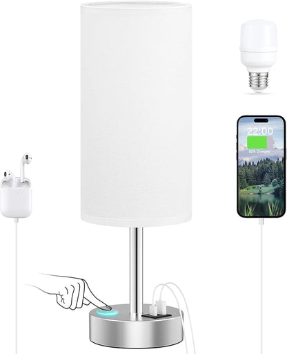 Dicoool White Touch Bedside Lamp with USB - 3 Way Dimmable Table Lamp for Bedroom, Nightstand Lamp with Nickel Charging Station and Silver LampHolder for Dorm Kids Room, Small